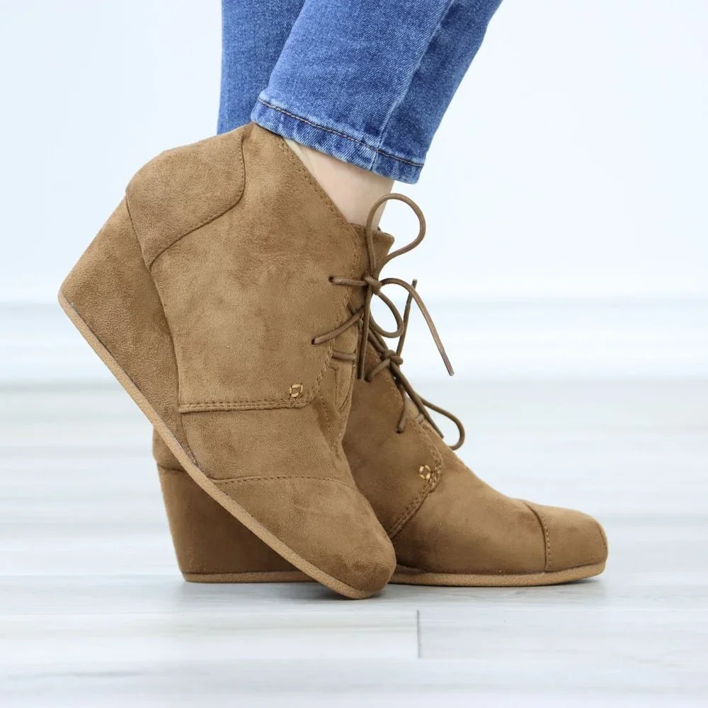 Tan Faux Suede Round Toe Wedge Heel Lace Up Ankle Boots - Picture 1 of 12